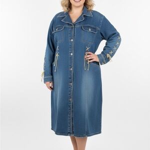 Button-Front Long Sleeve Denim Midi Dress - Blue